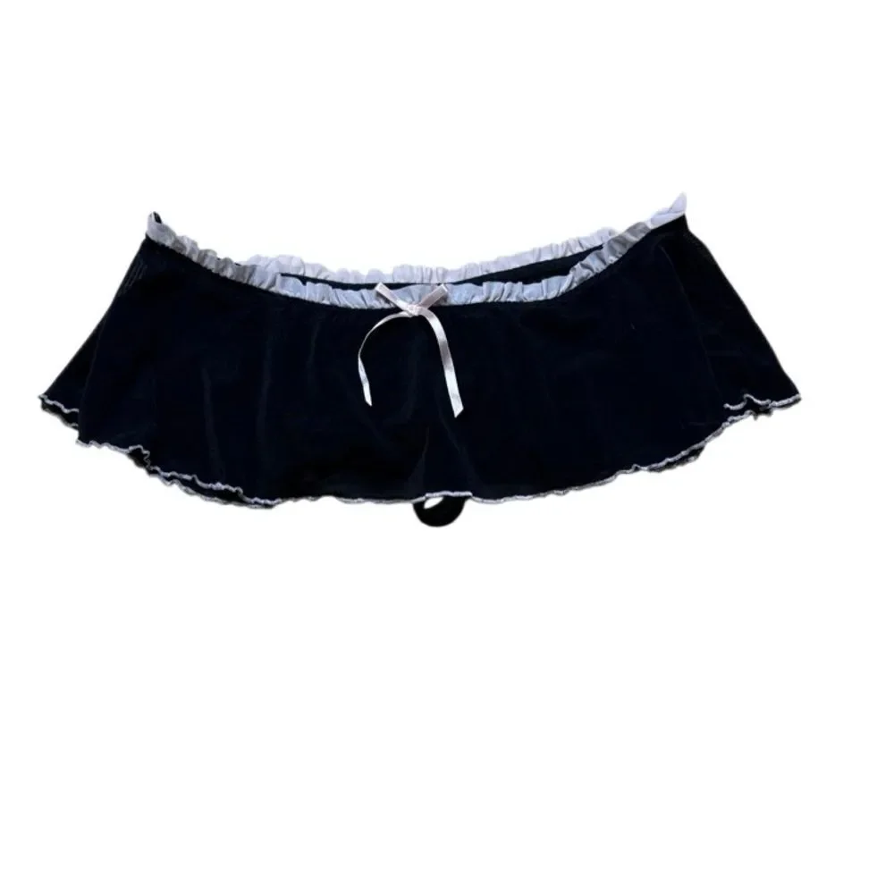 Black sheer skirted thong with pink satin bow and trim medium